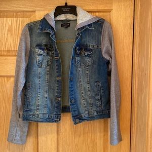 Denim jacket with sewn in hoodie